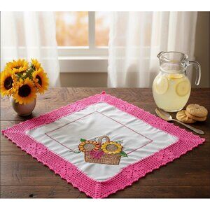 Handmade mexican napkin With Pink Crochet Edges & Sunflower Basket Embroidery 27